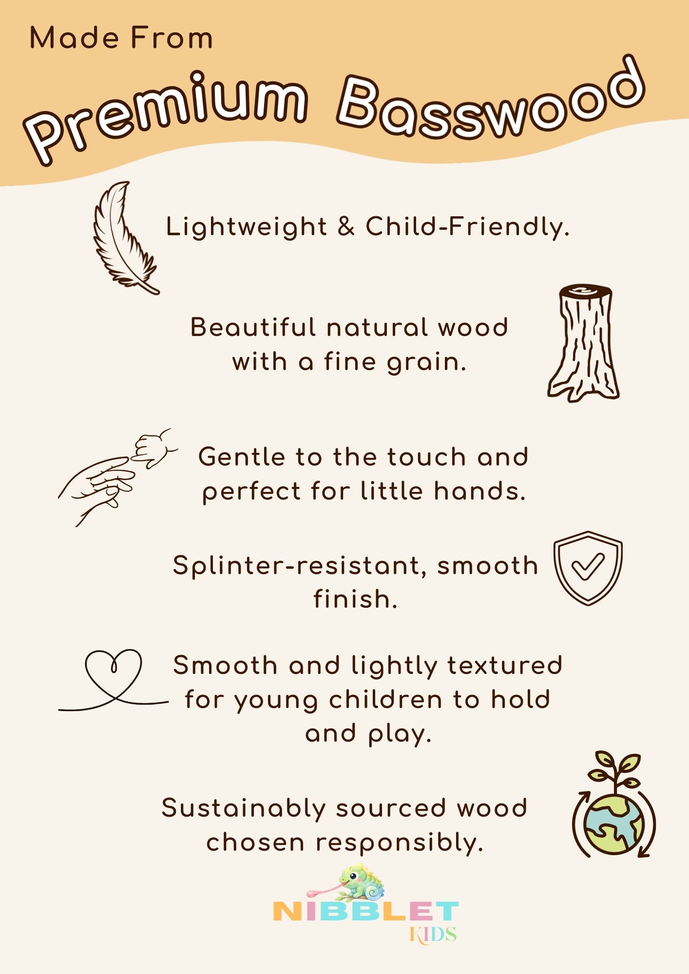 Informational graphic about premium basswood with Nibglet Kids branding.