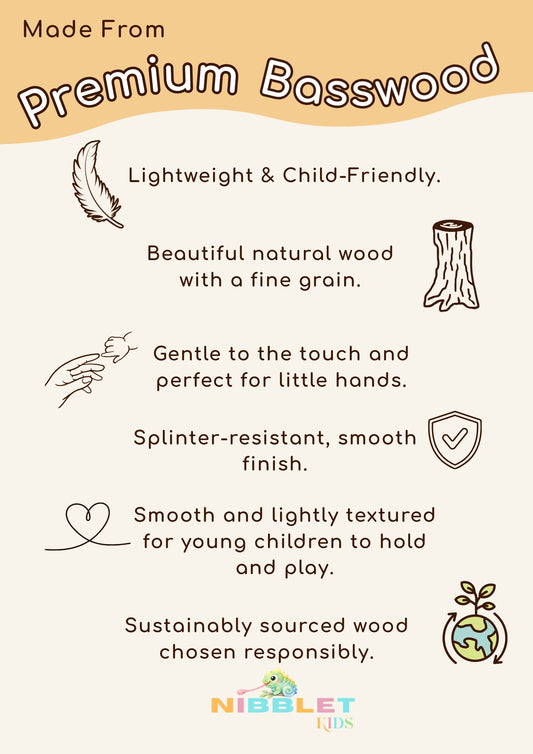 Informational graphic about premium basswood with Nibglet Kids branding.